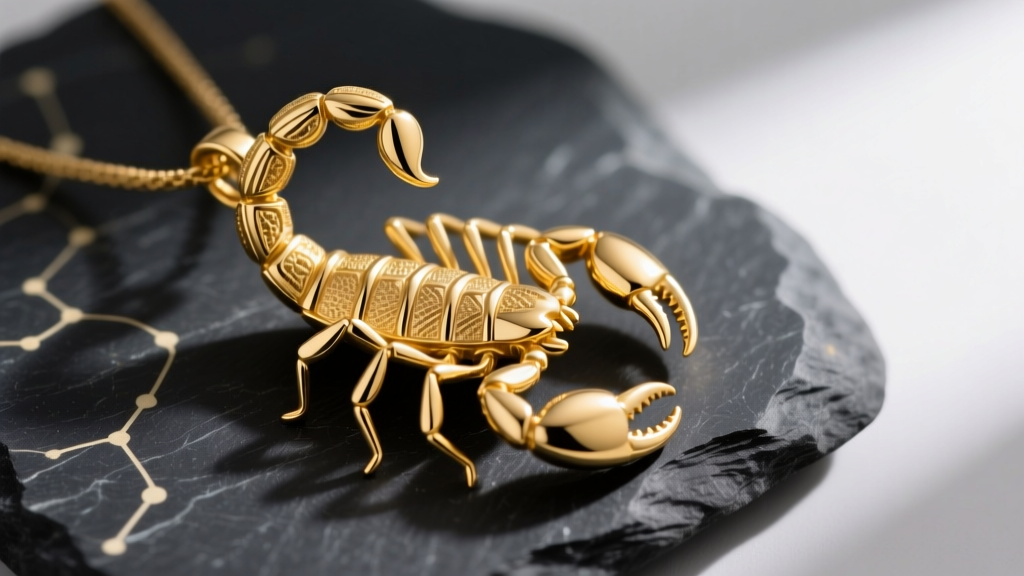 Macro shot of a solid 14k yellow gold Scorpio zodiac pendant with intricate scorpion tail engraving, resting on dark slate stone