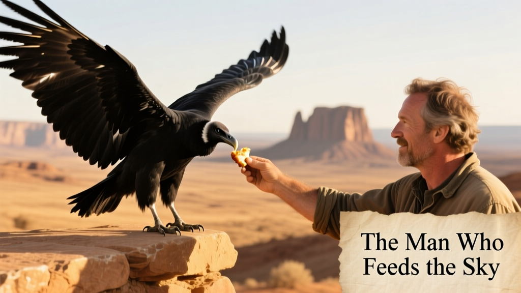 Tom Ryan gently offering food to a black vulture at arm's length