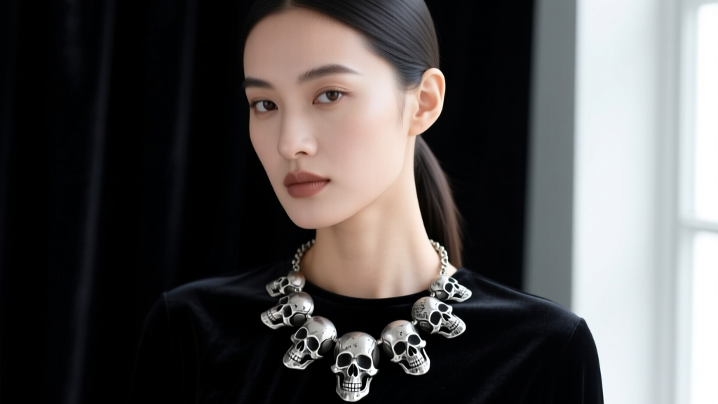 Editorial shot of a model wearing an oxidized sterling silver necklace made out of skulls against dark velvet backdrop