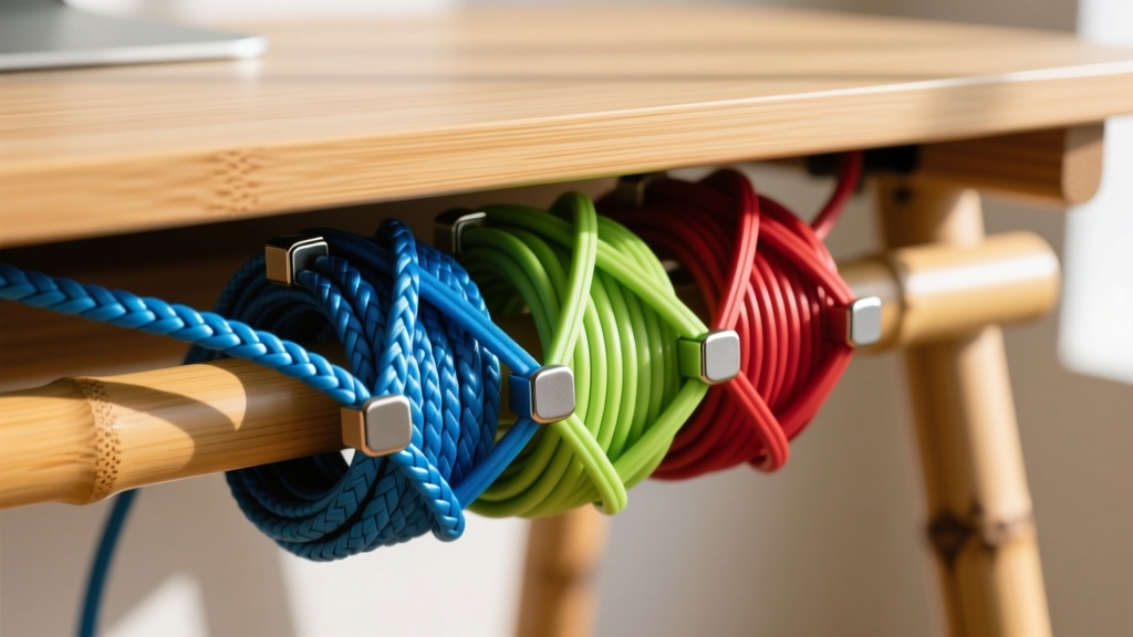 Close-up of braided nylon magnetic cable ties organizing thick power cords neatly underneath a bamboo standing desk