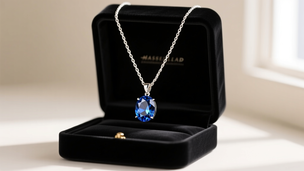 Open black velvet jewelry box revealing a brilliant oval blue sapphire pendant on an 18-inch white gold cable chain in soft light