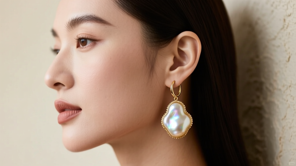 Side profile of a woman wearing a large baroque pearl drop earring, while the opposite ear features a thin gold huggie hoop.