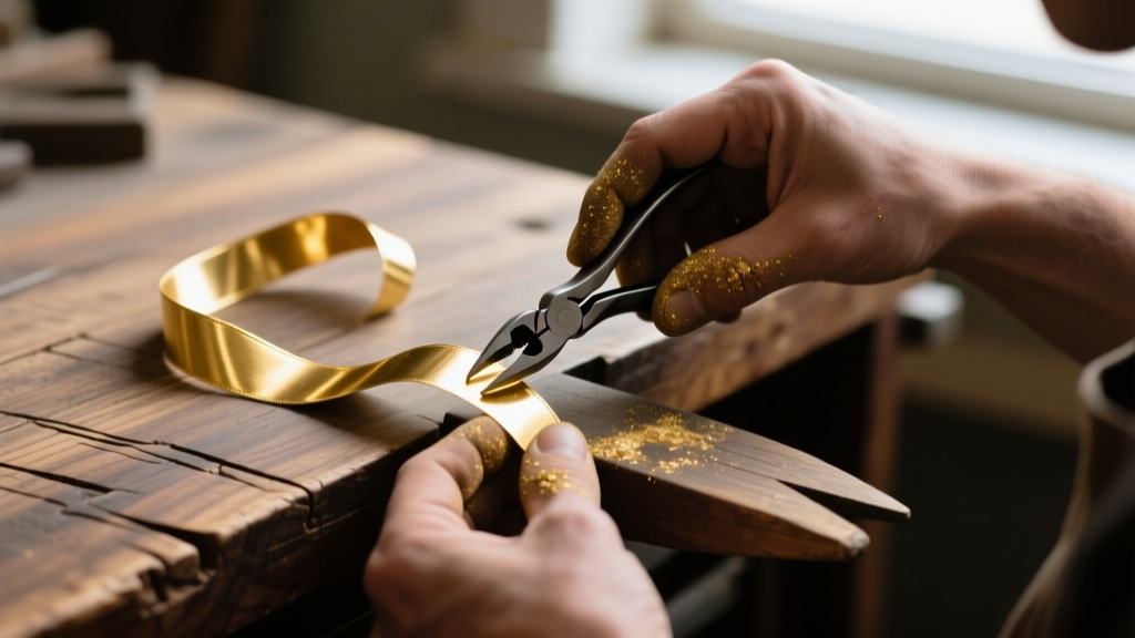 Jeweler shaping 24-gauge gold sheet metal into a ribbon fold using nylon jaw pliers on a scarred wooden workbench surface.