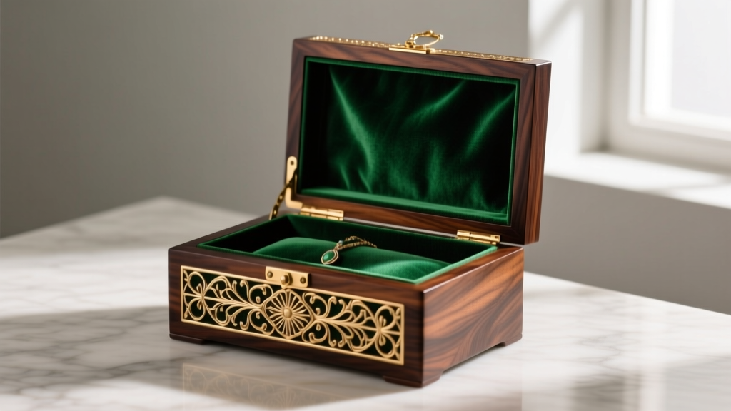Dark burl walnut Gone with the Wind jewelry box with ornate brass filigree, open to reveal emerald green velvet lining on a vanity.