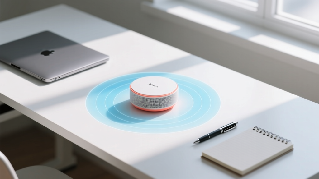 Top-down diagram showing optimal placement of a small sound masking device on a desk to create an acoustic privacy bubble.