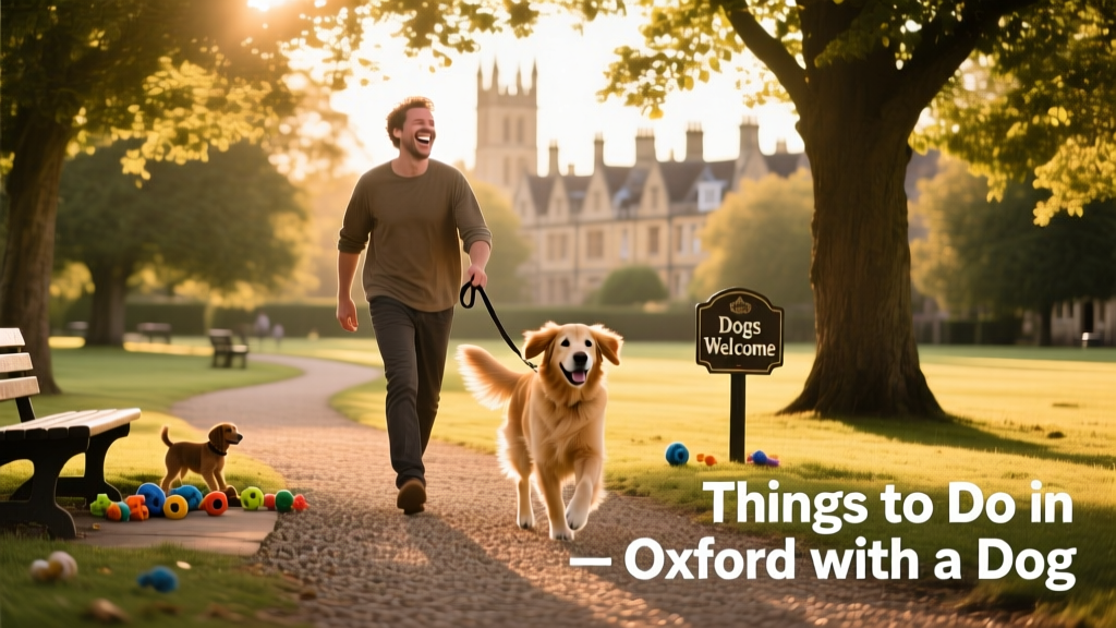 A pet parent and dog enjoying a sunny stroll in a leafy, dog-friendly park in Oxford.