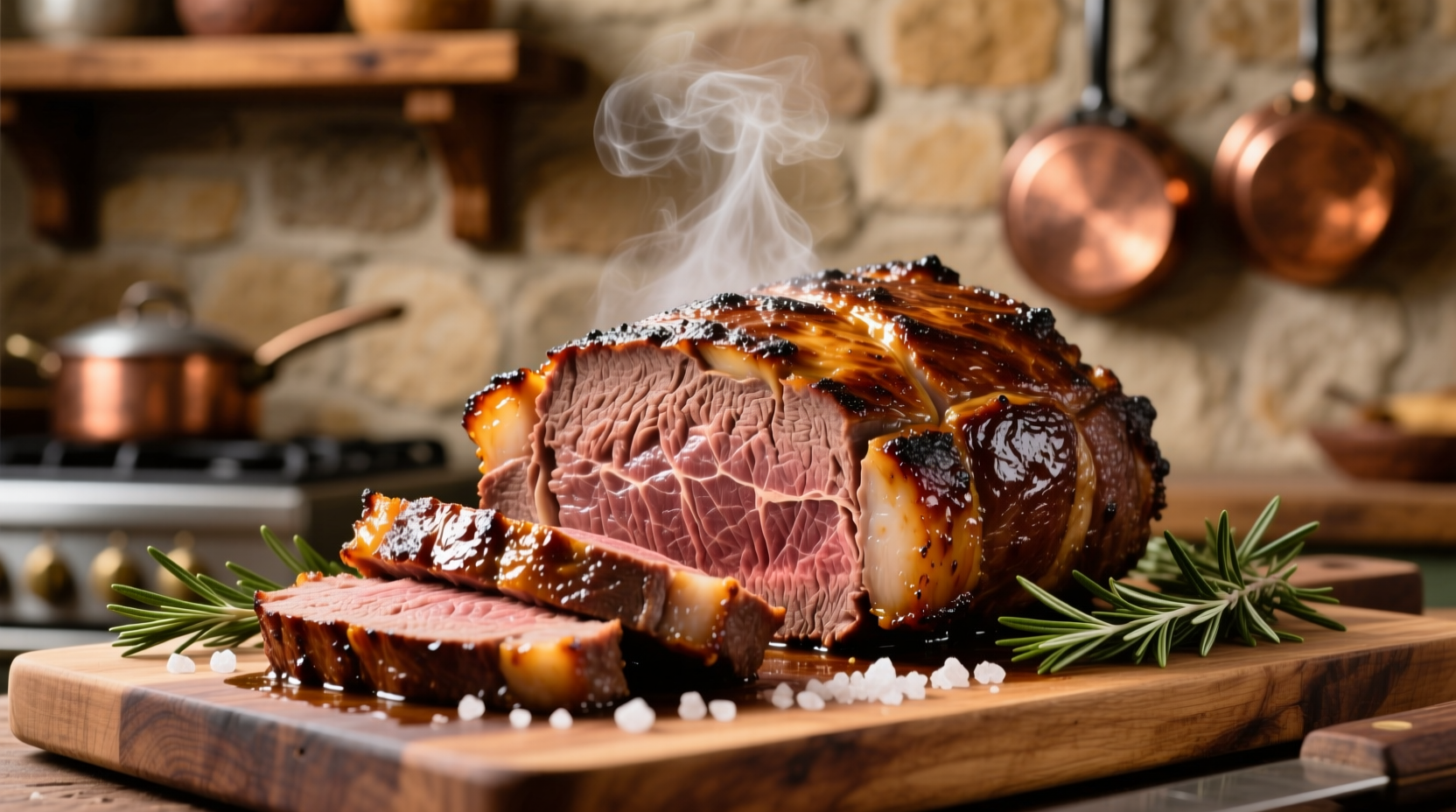 Perfectly cooked medium-rare rump roast with golden crust