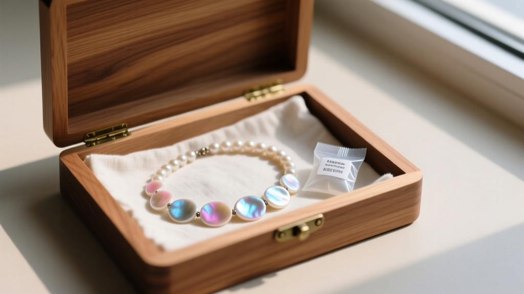 Open cedar box displaying a vintage mother of pearl necklace stored flat on unbleached cotton, next to a small silica gel packet.