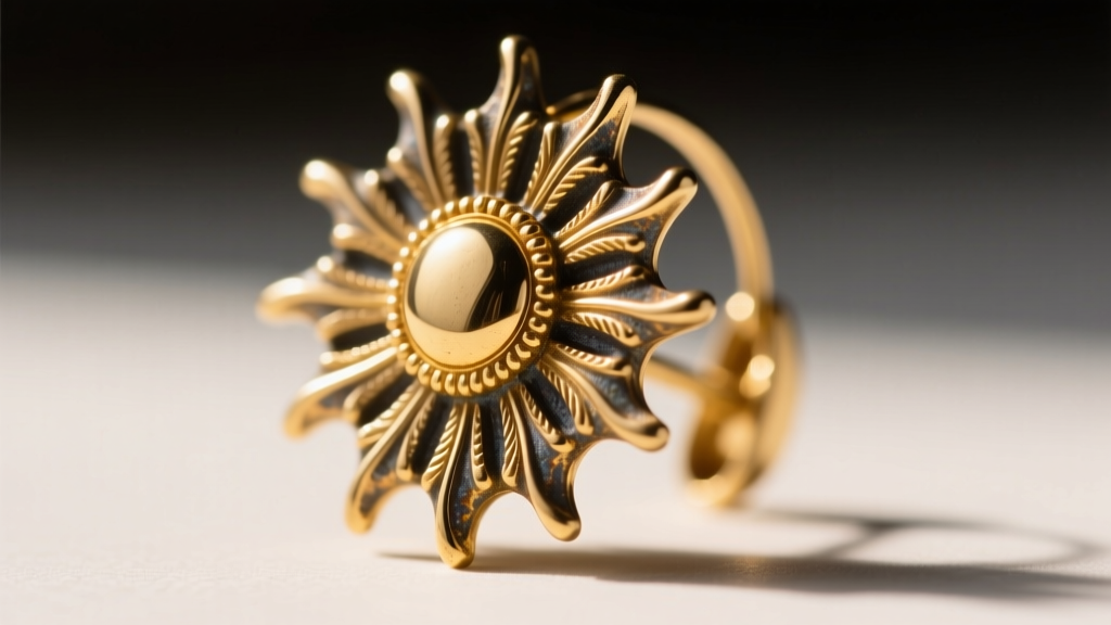 Macro view of milgrain details on radiating rays of a vintage 14k gold sunburst earring, showing the natural dark metal patina.