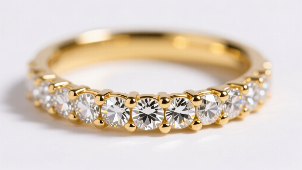 Macro shot of a 14k yellow gold pavé diamond band, highlighting SI1 clarity melee stones set in a shared-prong mounting.