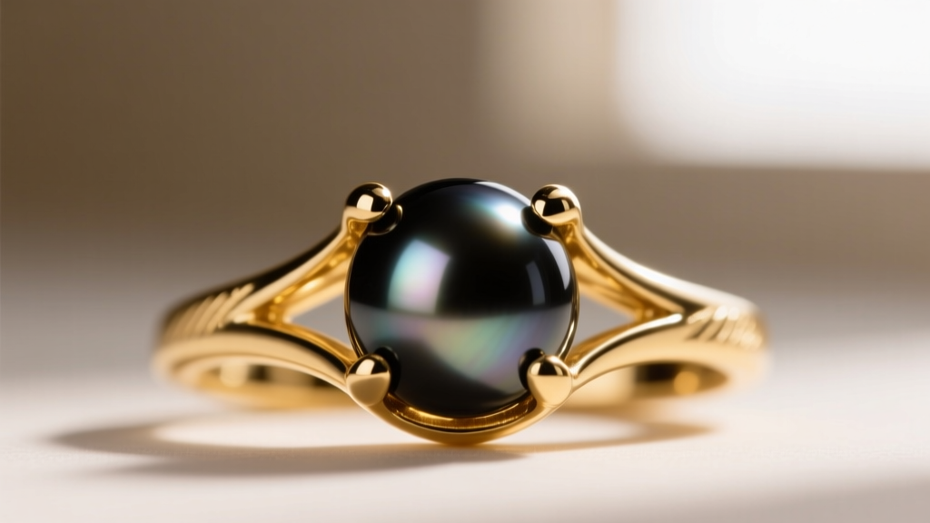 Close-up of a four-prong gold setting holding a round black Tahitian pearl, highlighting the metal tension and prong tips.