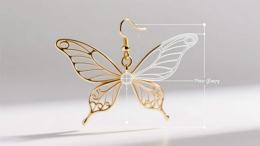 Technical diagram overlay on a fairy wing dangle earring showing center of gravity and pivot point on an 18-gauge gold leverback wire