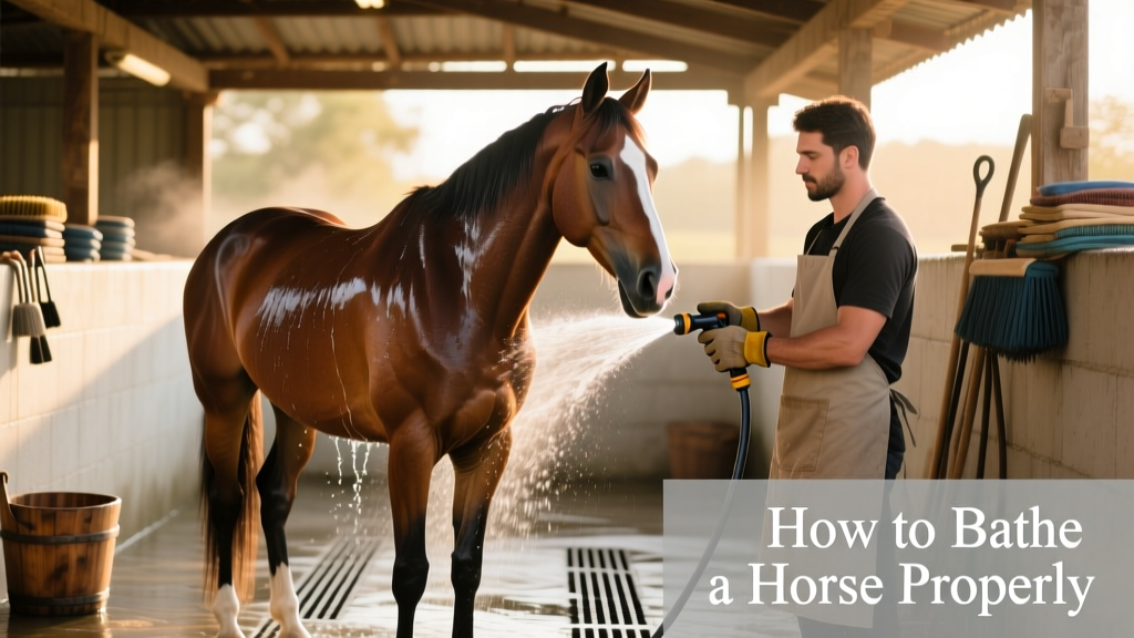 Horse being gently hosed down in a well-drained wash area with soft water spray