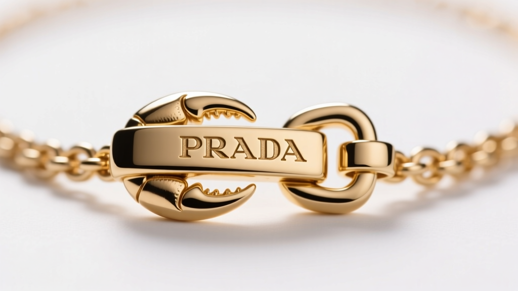 Macro photography of a Prada necklace lobster clasp showing the crisp PRADA hallmark engraving and pristine gold vermeil finish.