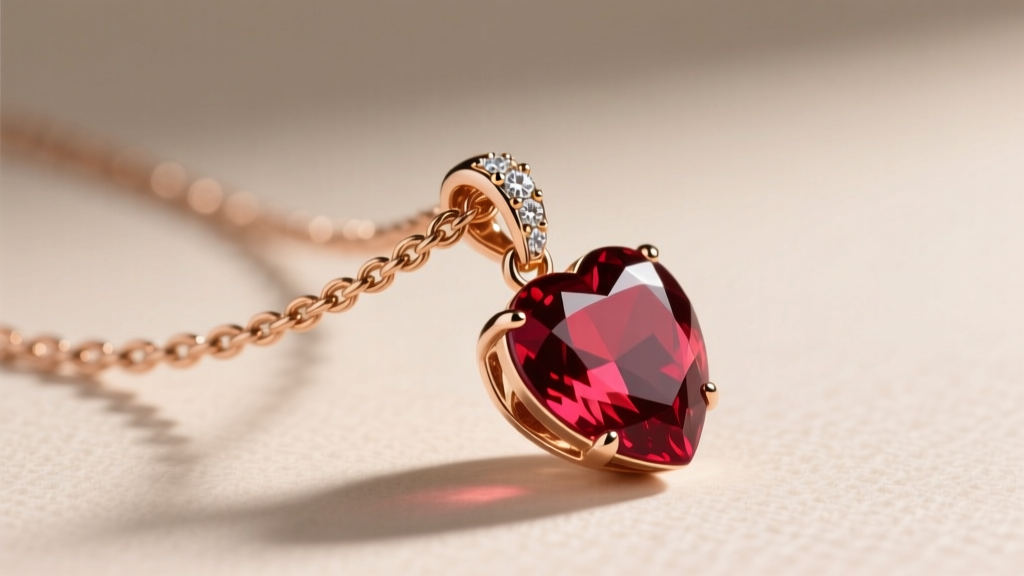 Side profile of a 14k rose gold rope chain threading through a hidden diamond-accented bail on a 2.5-carat red ruby heart pendant
