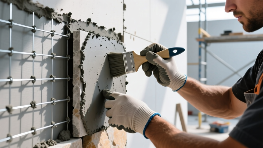 Mason applying gray polymer-modified mortar to the back of a manufactured limestone veneer piece on a galvanized wire lath scratch coat