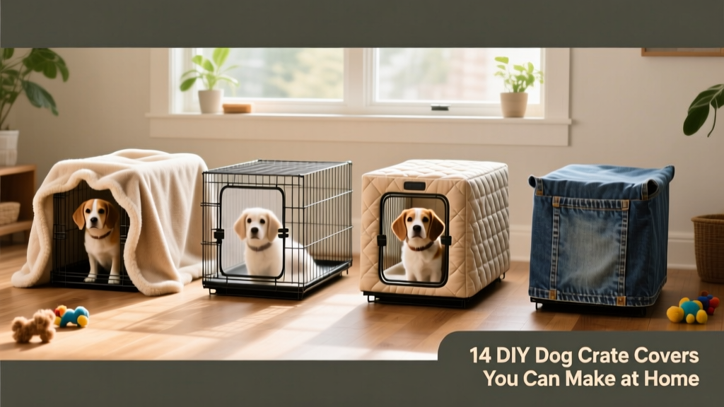 Side-by-side comparison of four different DIY crate covers: fleece drape, mesh screen, quilted panel, and denim wrap—all on identical wire crates