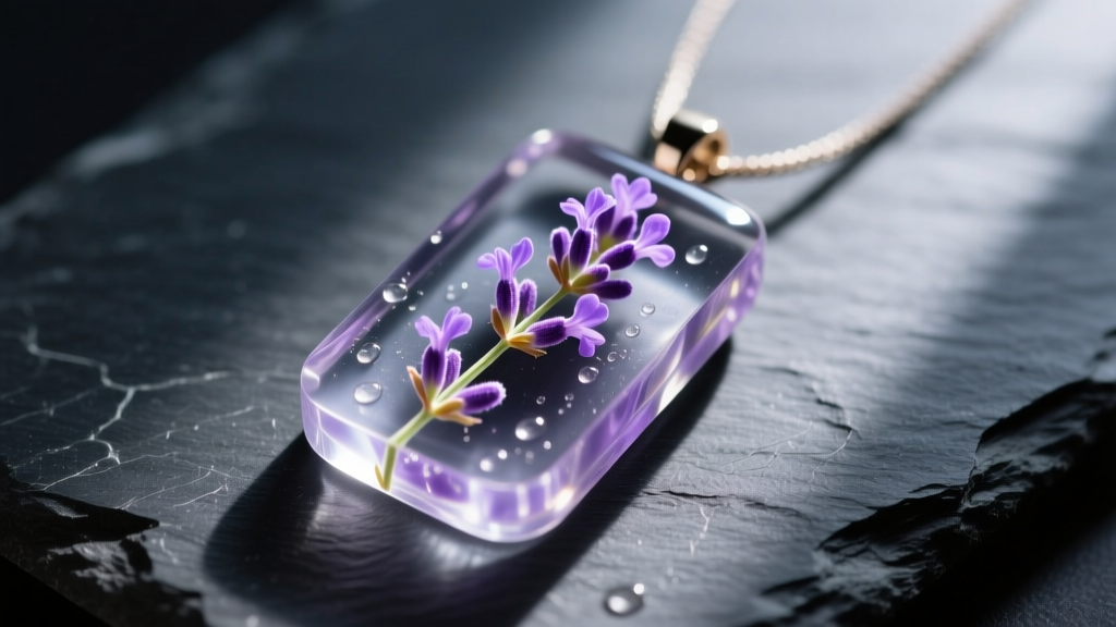 Close-up of a crystal-clear epoxy resin pendant encasing a delicate purple lavender sprig, resting on a dark slate surface.