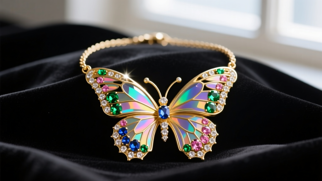 Close-up of a vintage 1980s gold-tone Avon butterfly necklace with iridescent Aurora Borealis rhinestones resting on dark velvet.