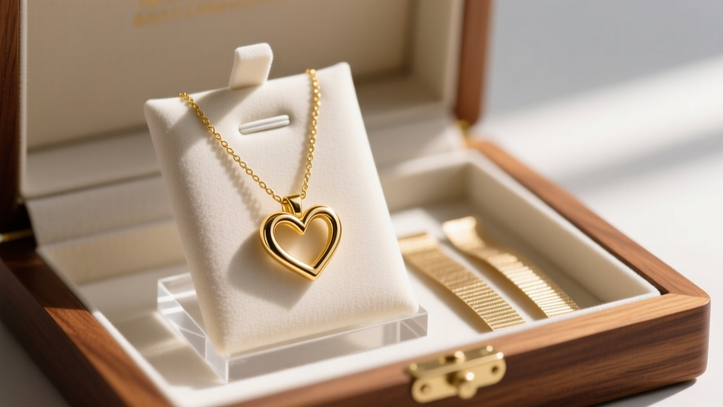 Gold vermeil two heart necklace hanging neatly on a padded acrylic stand next to anti-tarnish strips in a lined wooden box