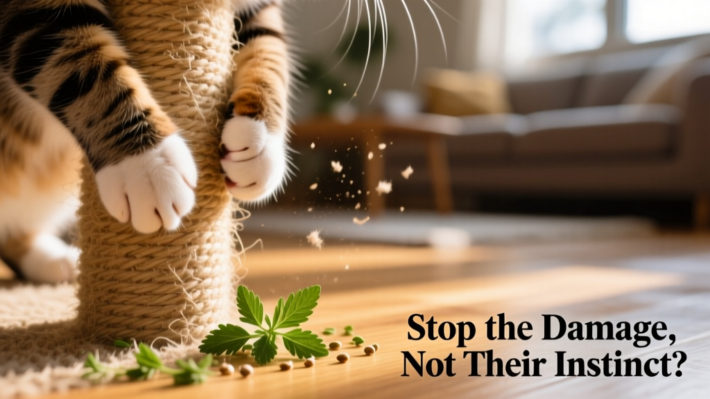 Close-up of a cat’s paws on a woven sisal scratching post, with catnip sprinkled at the base