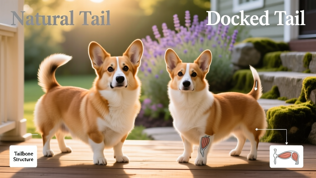 Side-by-side comparison of a natural-tailed Pembroke and a docked-tailed Pembroke Corgi