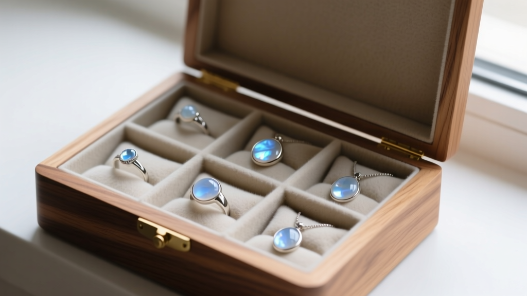 Wooden jewelry box showing moonstone rings and pendants stored safely in individual soft flannel pouches to prevent scratching.