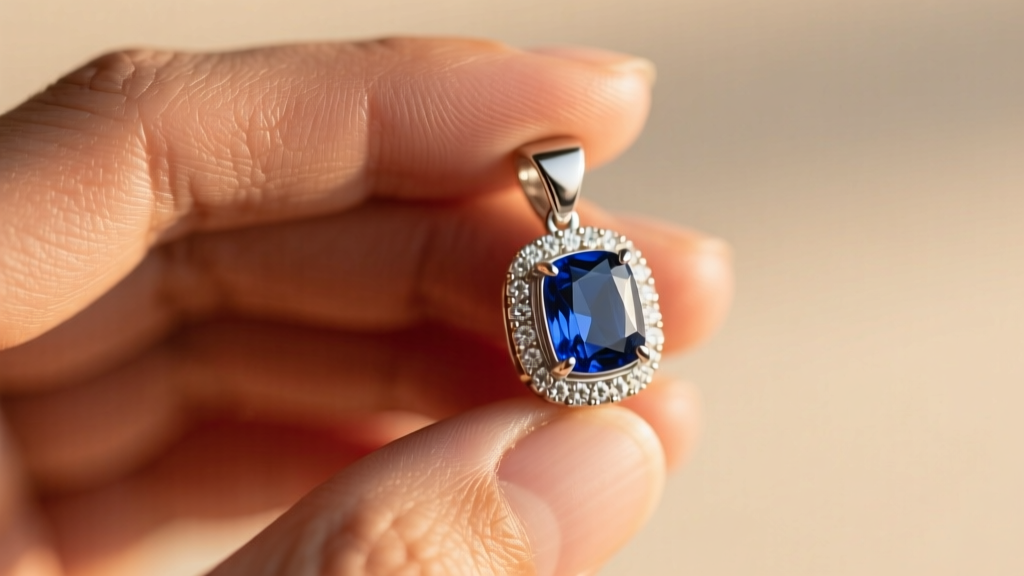 Macro shot of custom platinum hand pendant holding a sapphire, showing realistic skin pores and knuckle wrinkles in warm light