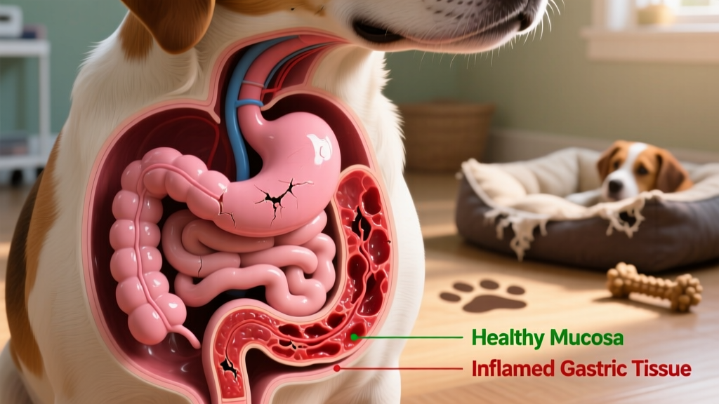 Close-up illustration of a dog's digestive system showing healthy mucus lining versus inflamed gastric tissue