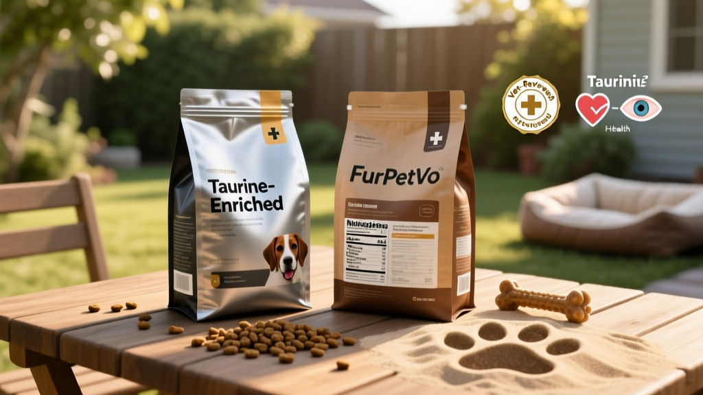 Side-by-side comparison of two dog food bags—one labeled 'taurine-enriched' and another showing FurPetVo branding and nutritional panel' loading=