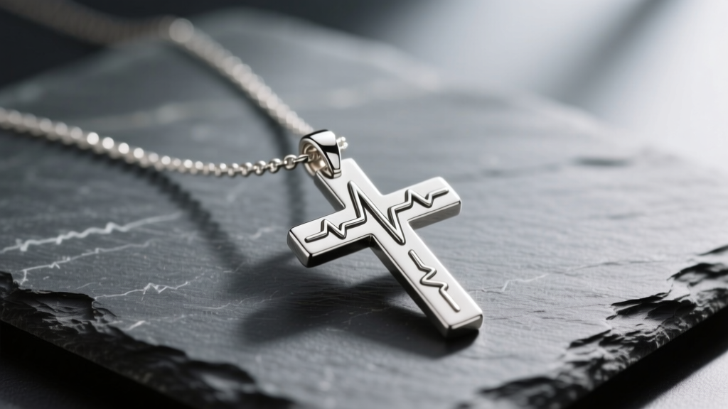 Sterling silver heartbeat cross necklace on dark slate, showing the intricate EKG line intersecting a minimal cross design.