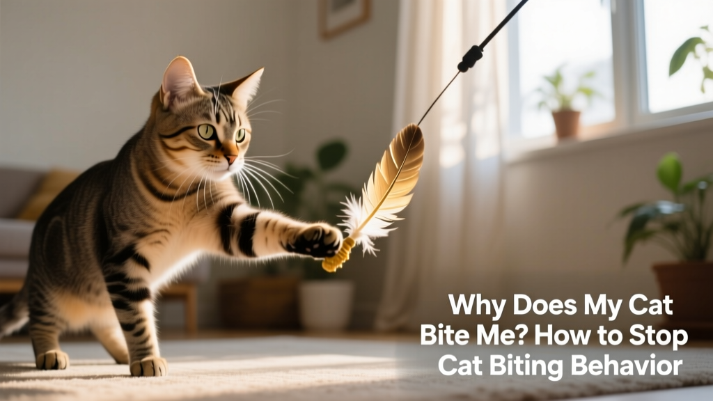 A cat batting at a wand toy with feathers, engaged and focused, not interacting with human hands