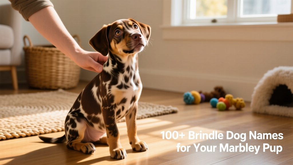 Happy brindle puppy sitting attentively, looking up at owner with bright, engaged expression