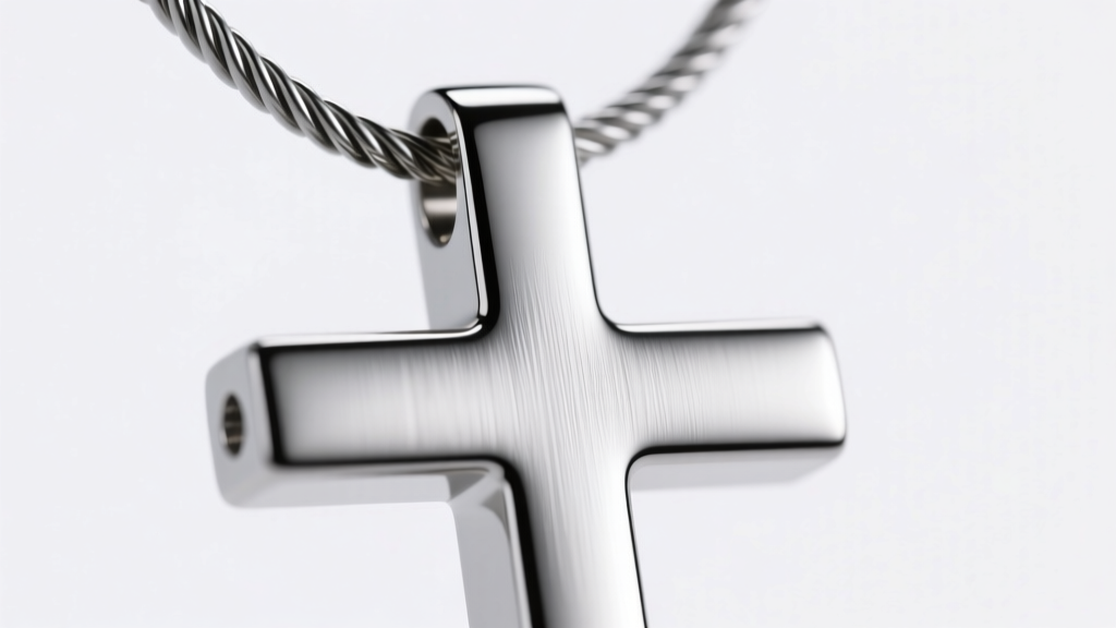 Macro shot of a titanium horizontal crucifix pendant bail on a cable chain, showing brushed texture under bright studio lighting.