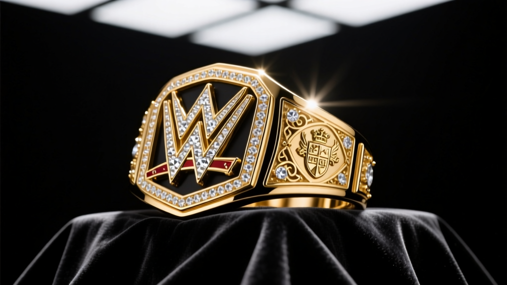 Ornate gold and diamond wrestling championship ring on black velvet, dramatic studio lighting highlighting detailed side engravings