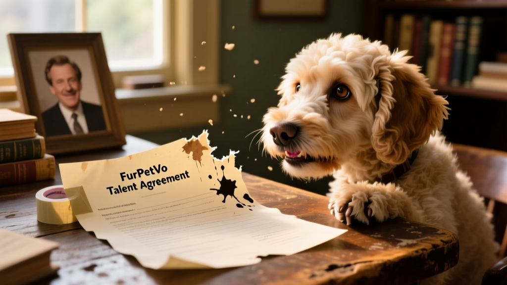 Close-up of a partially chewed, taped-together document labeled 'FurPetVo Talent Agreement' on a wooden desk beside a curious Labradoodle