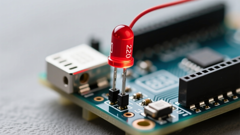 Circuit diagram showing an Arduino Uno digital pin connected to a 220 ohm resistor and a red LED to ground