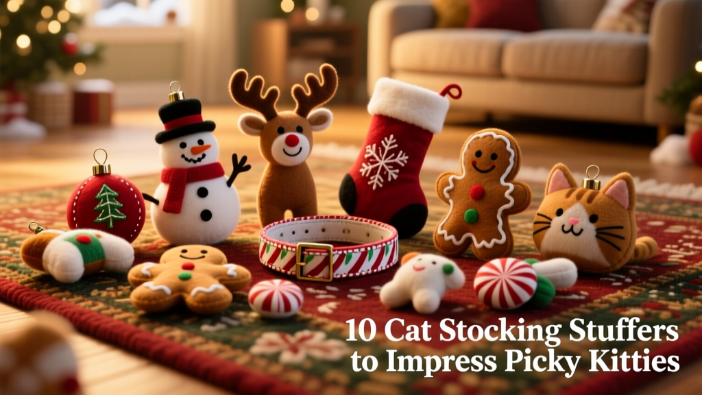 A festive assortment of cat toys including plush ornaments, gingerbread-shaped felt toys, and a peppermint-printed collar laid out on a holiday-themed rug
