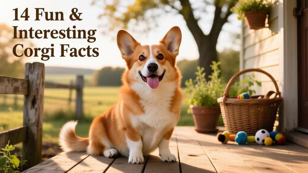 A smiling Pembroke Welsh Corgi sitting upright with ears perked and tongue out
