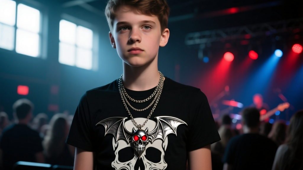 Fan wearing layered necklaces with a central Deathbat pendant over a black graphic tee at a dimly lit indoor rock concert venue