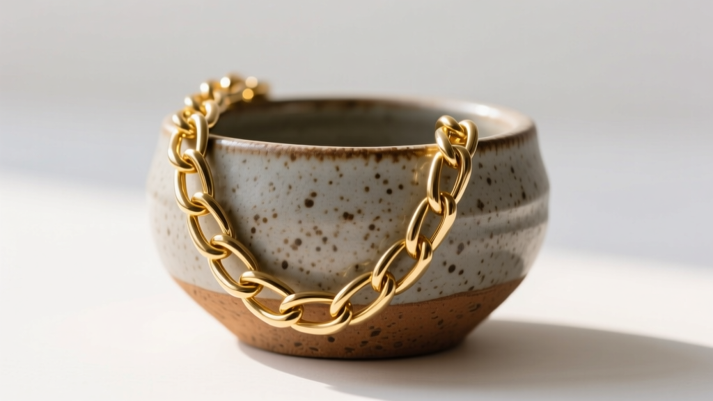 Speckled stoneware ceramic jewelry holder with an unglazed base, holding a heavy gold chain draped over its textured surface.