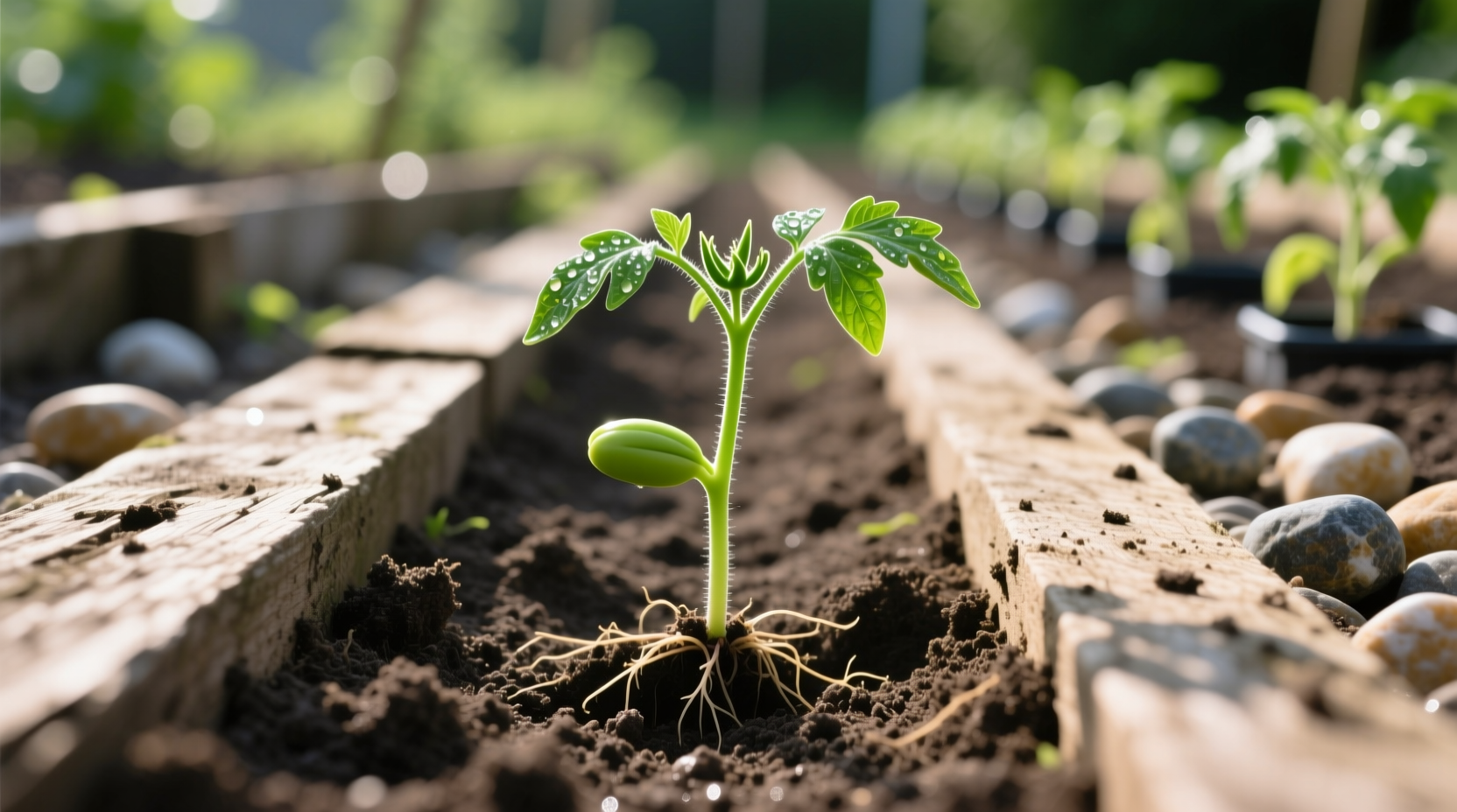 Tomato seedling planted horizontally in trench