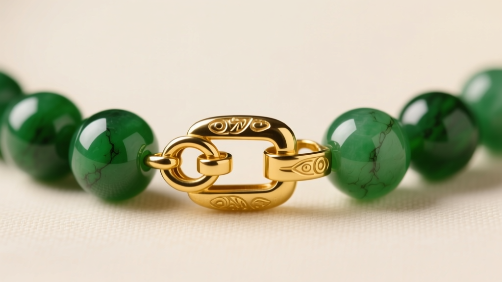 Detailed view of an 18k yellow gold safety clasp on a vintage jadeite bead necklace, showing the secure interlocking mechanism.