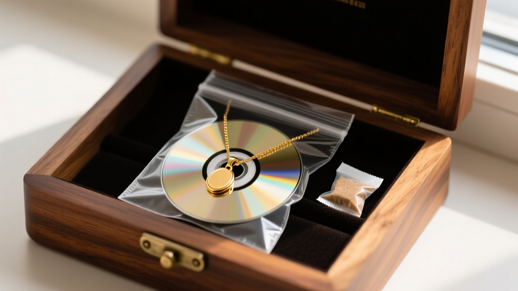 Gold CD pendant necklace stored in a sealed anti-tarnish bag with a silica gel packet, resting inside an open wooden jewelry box.
