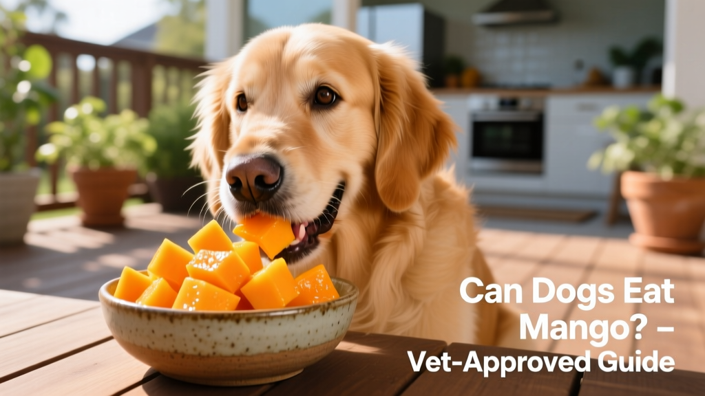 A happy dog enjoying small, bright orange mango pieces from a shallow bowl