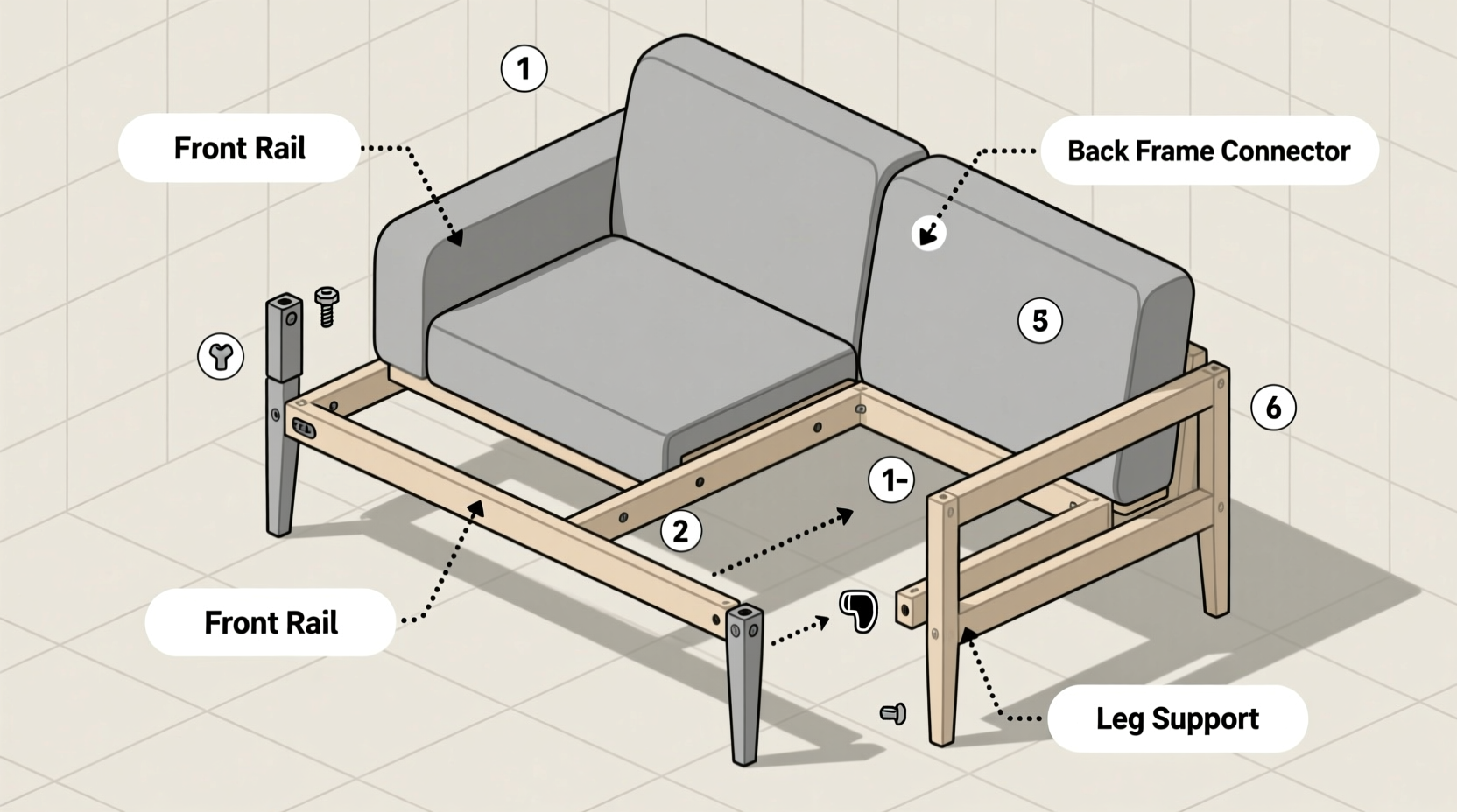 Step-by-step sofa frame assembly diagram