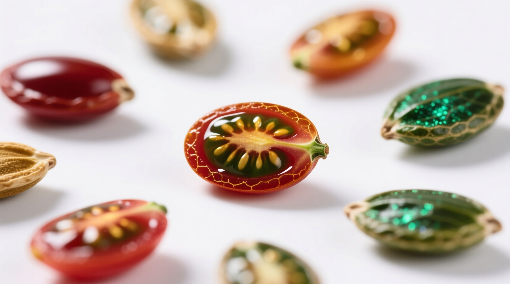 Close-up of vibrant heirloom tomato seeds on white background
