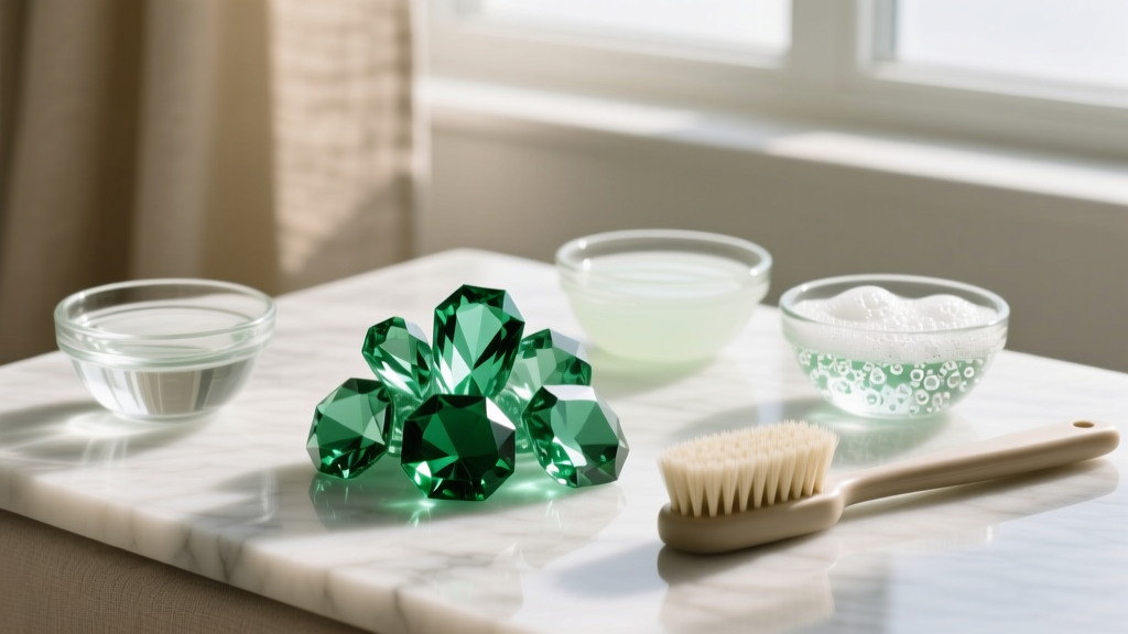 Cleaning setup for porous green gems featuring a soft-bristled brush, distilled water, and pH-neutral soap in small glass bowls