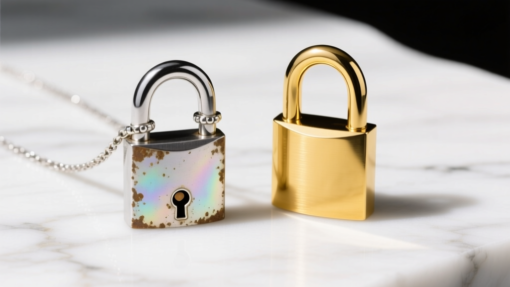 Comparison of a slightly tarnished 925 silver padlock necklace and a polished 18k yellow gold padlock resting on white marble
