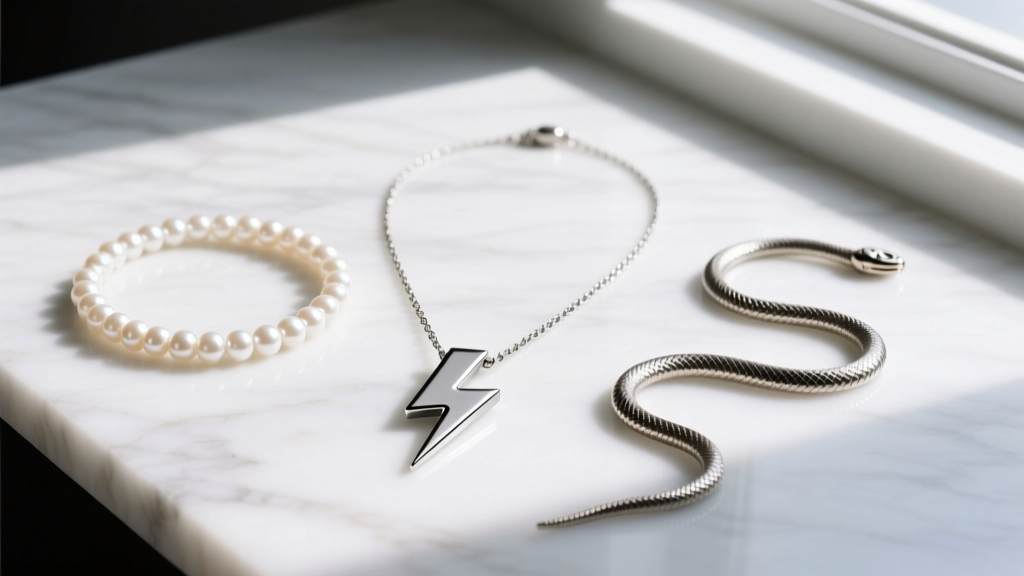 Flat lay of layered necklaces featuring a small lightning bolt pendant, a pearl choker, and a snake chain on white marble surface.